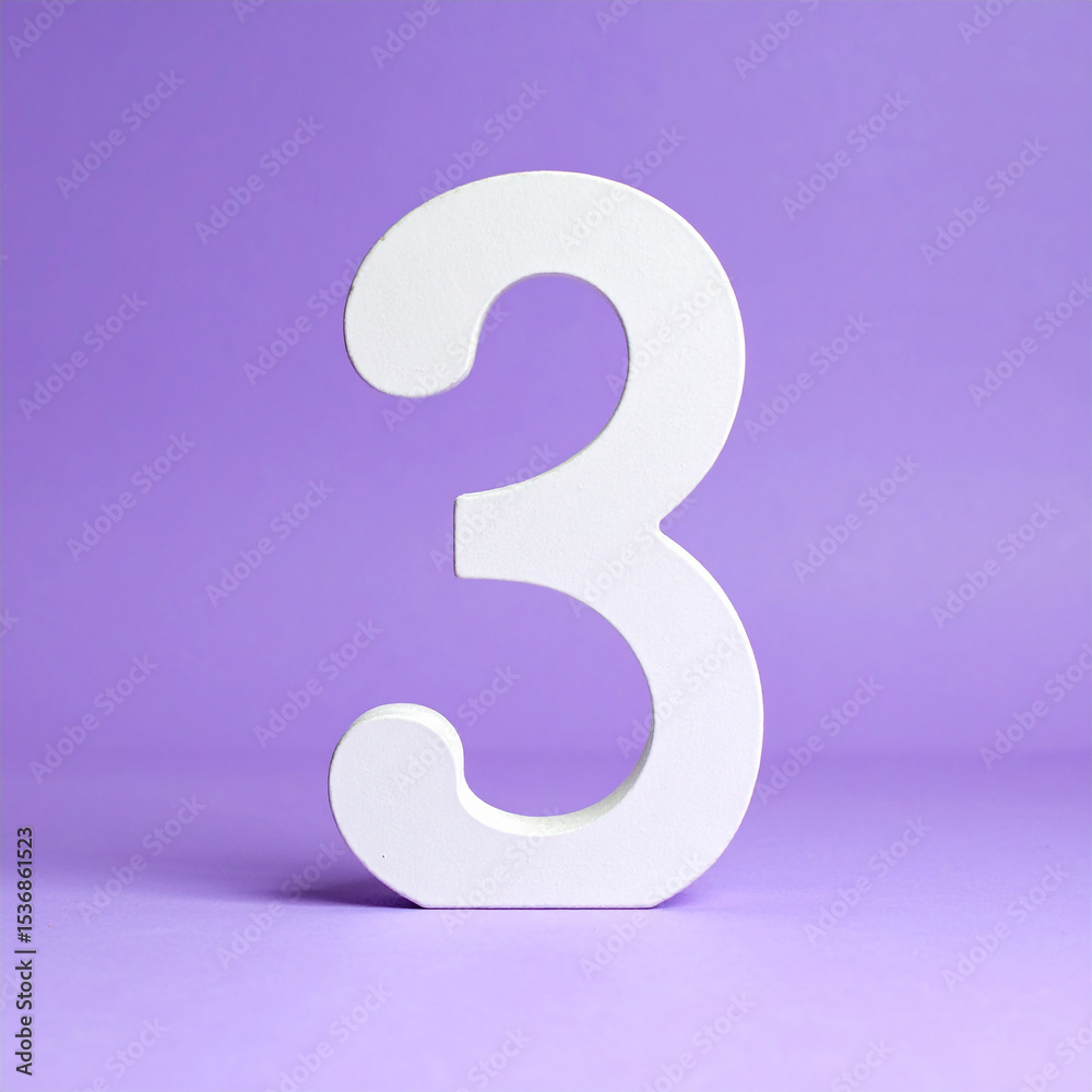 Fototapeta premium White wooden number 3, three. Purple backdrop.