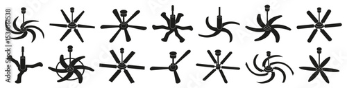 Set of black ceiling fan in black. Vector illustration