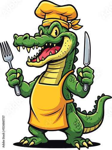 Green Crocodile Chef Cartoon Character Holding Fork Knife