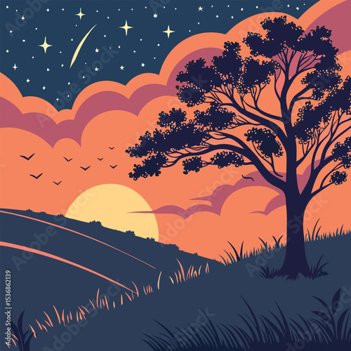 Serene Sunset Landscape Silhouette Tree, Starry Night, Peaceful Hills