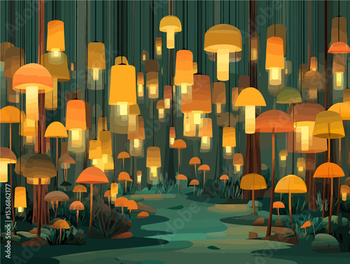 Enchanted glowing mushroom forest with luminescent fungi creating magical bioluminescent landscape in mystical woodland setting for fantasy design projects