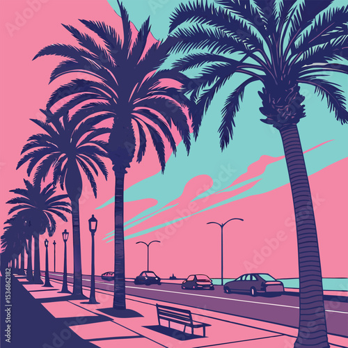 Sunset Boulevard Palm Trees A Retro Coastal Illustration