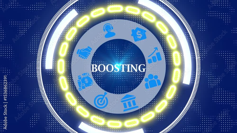 a boosting button on a futuristic digital performance interface, glowing blue HUD circle with data icons, high-tech growth and business optimization concept a boosting button on a futuristic digital performance interface, glowing blue HUD circle with data icons, high-tech growth and business optimization concept
