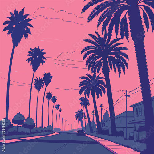 Sunset Boulevard Palm Tree Lined Street A Retro California Dream