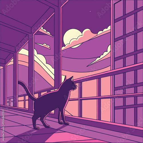 Serene Night Cat Gazing at Cityscape Through a Window