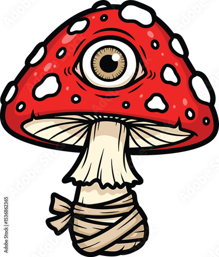Red Mushroom with One Eye and Beige Bandage Cartoon Illustration