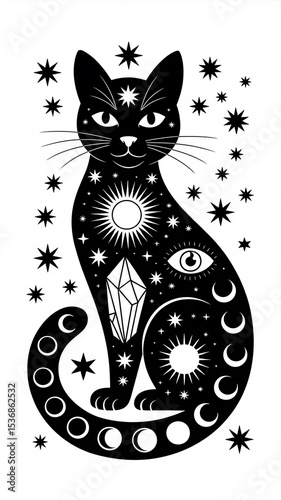 Celestial Cat: Mystical Black Cat Art Print AI generated