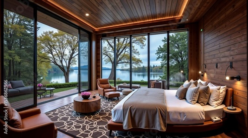 Cozy modern bedroom with large windows overlooking a tranquil lake and forest. Warm wood tones and comfortable furnishings create a peaceful escape.