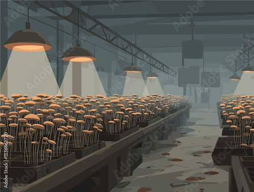 Modern mushroom cultivation facility with organized growing systems and atmospheric lighting - perfect for sustainable agriculture, biotechnology, and organic farming concepts