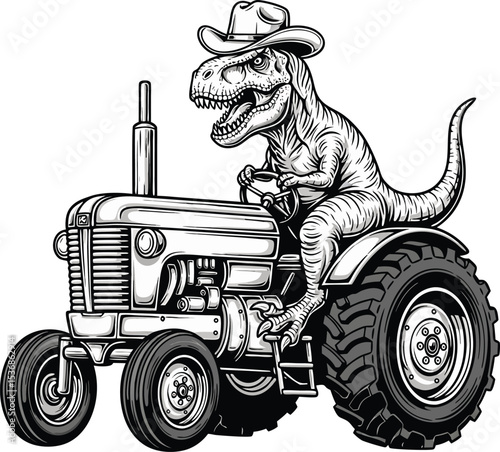 Tyrannosaurus Rex Cowboy Driving Vintage Tractor t rex