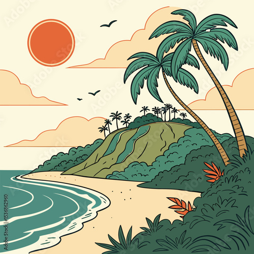 Sunset Paradise Tropical Beach Illustration with Palm Trees and Ocean Waves
