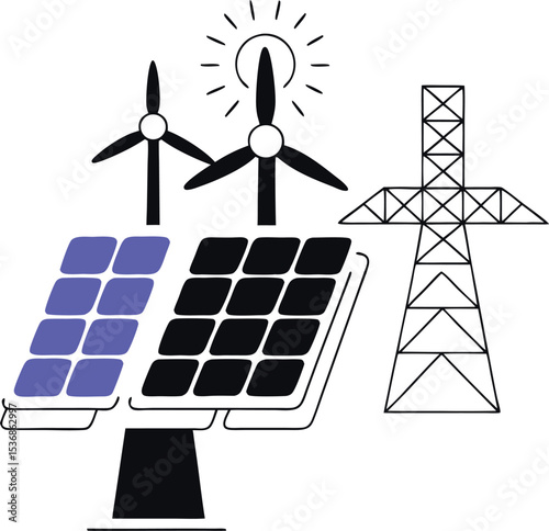 Renewable energy sources depicted with solar panels wind turbines and power lines