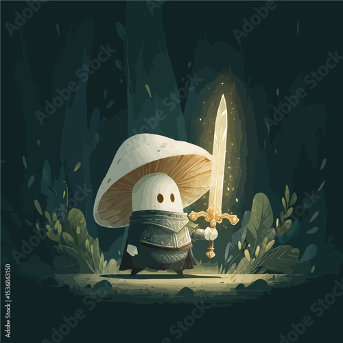 Adorable mushroom warrior knight with sword in enchanted dark forest - fantasy character illustration for gaming and children's content