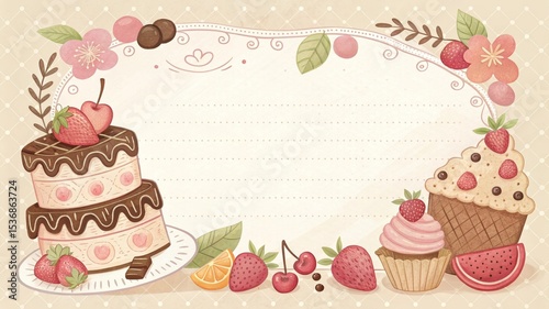 Cute chocolate, cake, and fruit border, child-friendly design, pastel tones.