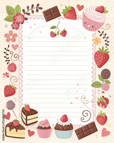 Cute chocolate, cake, and fruit border, child-friendly design, pastel tones.