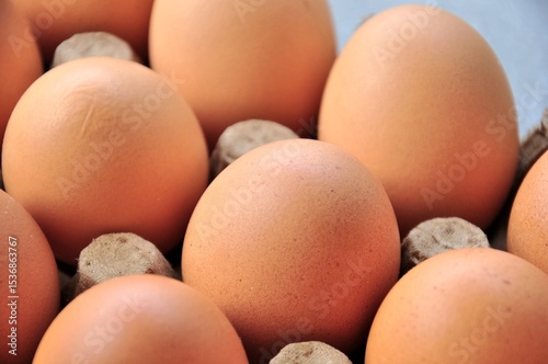 A close-up shot shows several brown eggs nestled in a gray cardboard egg carton.