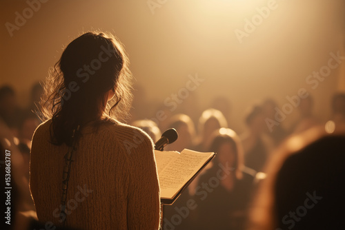 Woman with scoliosis reading poetry aloud to an engaged audience in a warm, softly lit venue
