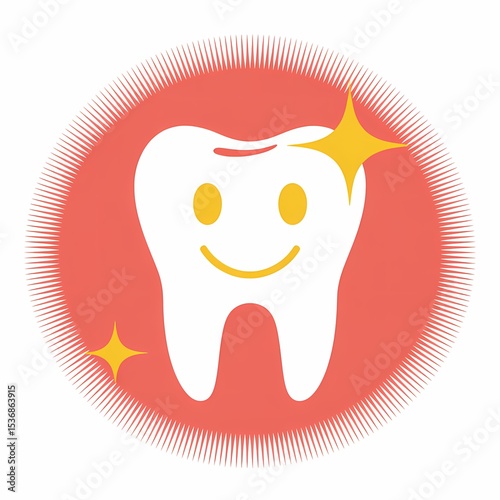 Happy Tooth Icon: A cheerful cartoon tooth with sparkling eyes smiles radiantly within a vibrant red circle, symbolizing healthy teeth and oral hygiene.