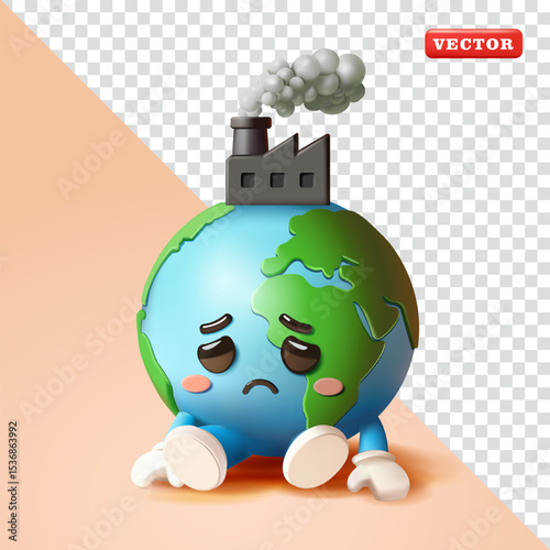 Earth sits listlessly due to factory pollution, 3d vector. Suitable for design elements