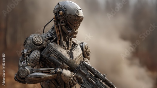 AI generated war scene, a single, highly detailed robot soldier, intricate design, hyper-realistic, cinematic advanced robotics.
