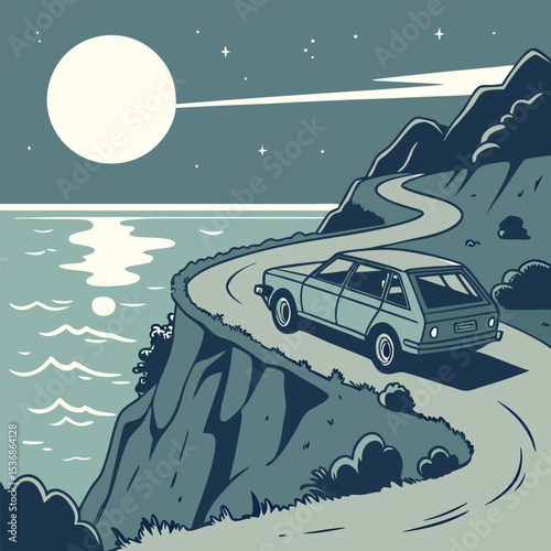 Night Drive Coastal Highway Moonlit Ocean Road Trip Illustration