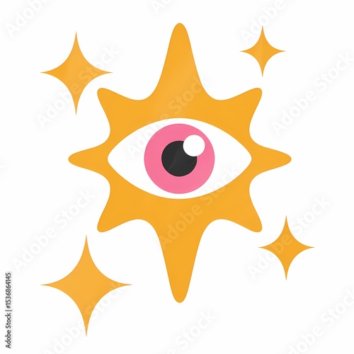 Mystical Eye in the Sky: A vibrant illustration of a single eye radiating a sense of wonder, curiosity, and ancient symbolism. The eye, positioned centrally and surrounded by golden rays and stars.