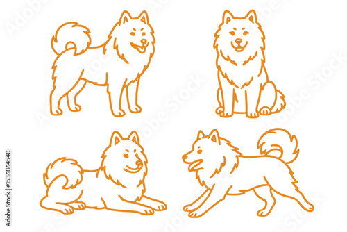Orange line art of Eurasier dogs in various poses and expressions on a transparent background