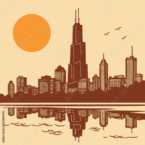 Chicago Skyline A Stunning Cityscape Illustration at Sunset