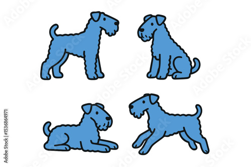 Kerry Blue Terrier in various poses with simple outlines on a transparent background  