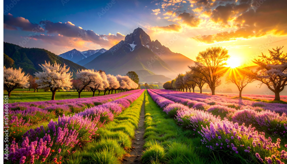 Fototapeta premium Majestic Sunset over Lavender Fields and Mountains A Breathtaking Landscape Photograph