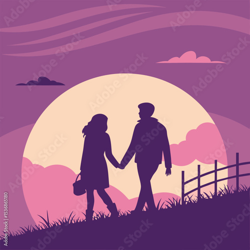 Silhouette Couple Walking Hand-in-Hand at Sunset Romantic Evening Stroll