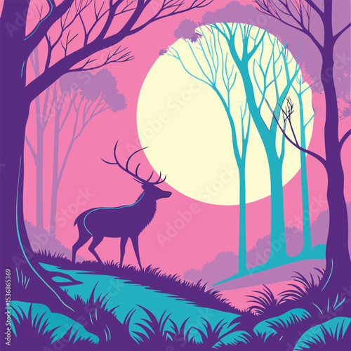 Majestic Deer Silhouette in a Dreamlike Purple Forest under a Full Moon