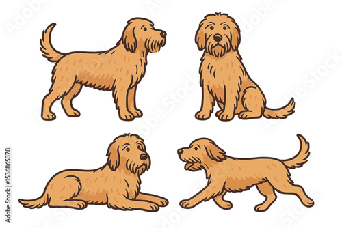 Four illustrated Otterhound in various poses and expressions on a transparent background