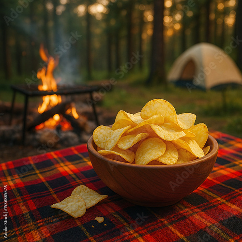 Bowl of Potato Chips on Plaid Picnic Blanket at Forest Campfire – Cozy Outdoor Snack Scene with Tents and Pine Trees