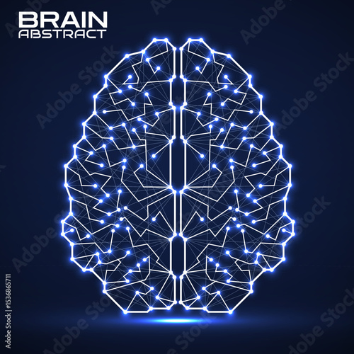 Polygonal abstract brain with connected lines and dots. Vector illustration