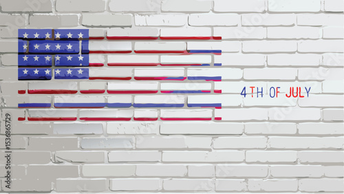 American flag painted on a white brick wall with the text fourth of july on the right side wall art