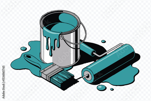 Flat Vector Illustration of Green Paint Can with Roller and Brush on White Background