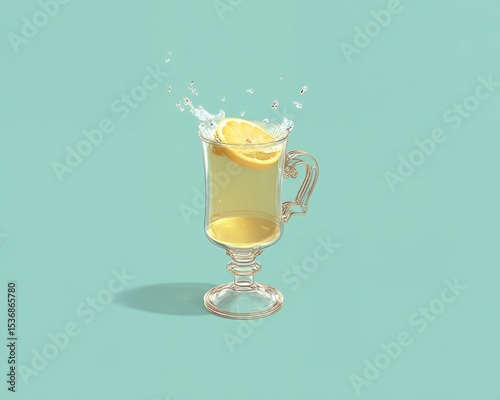 Lemon Tea in Glass Mug with Splash on Mint Green Background