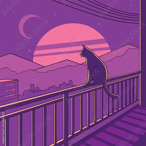 Serene Night Cat Silhouette at Dusk, Cityscape View