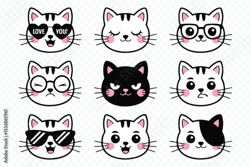 Cartoon Cat Sticker Set. Kawaii Cat Emojis with Glasses and Eye Patch Vector