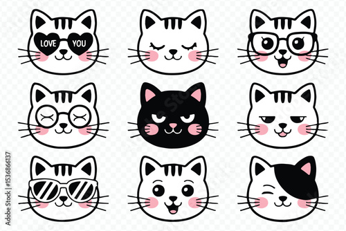Cute Kawaii Cat Face Sticker Pack with Sunglasses, Glasses and Eyepatch Vector