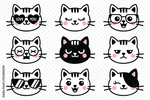Kawaii Cat Face Emoji Sticker Set with Sunglasses, Glasses and Eyepatch Vector