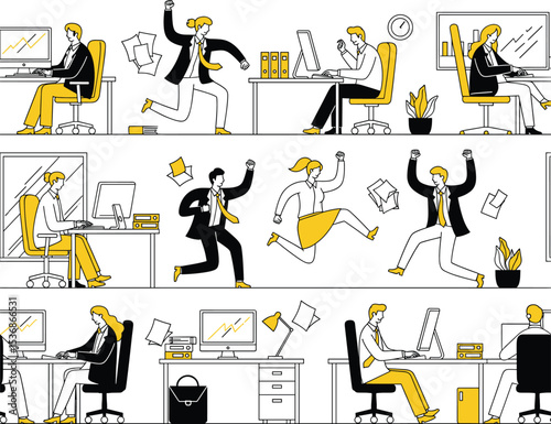 Busy office workers multitasking, managing stress, and achieving success with documents and charts, depicting work-life balance, productivity, and corporate hustle in a modern office environment