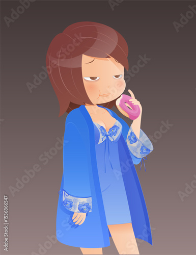 Cute cartoon of a hungry woman in blue pajamas eating a donut at night.
