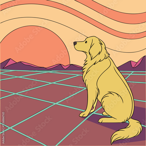 Golden Retriever at Sunset Retro 80s Synthwave Dog Art