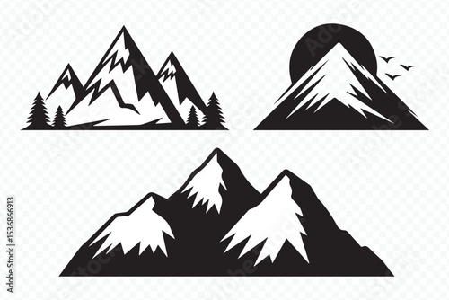 Mountain Peak Silhouette with Pine Forest and Birds Vector Logo