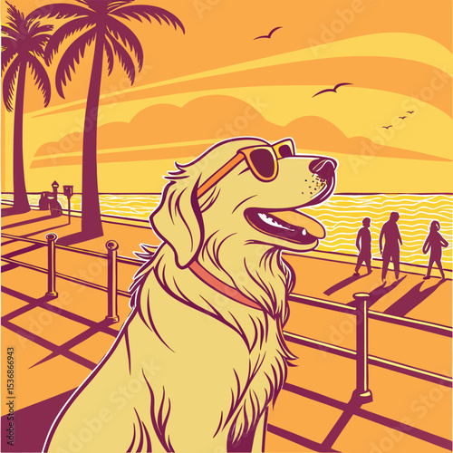 Golden Retriever at Sunset Beach Cool Dog Summer Vibes
