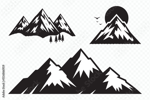 Monochrome Mountain Silhouette with Pine Forest, Birds and Moon Vector