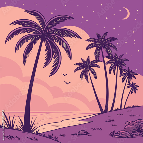 Serene Night Tropical Palms Silhouette at Sunset Beach