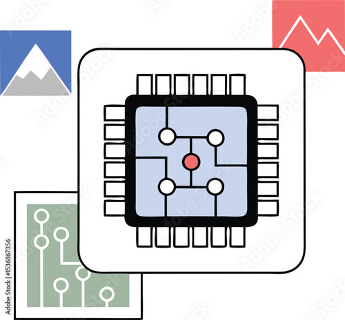 Stylized vector illustration depicting technology components and digital circuits